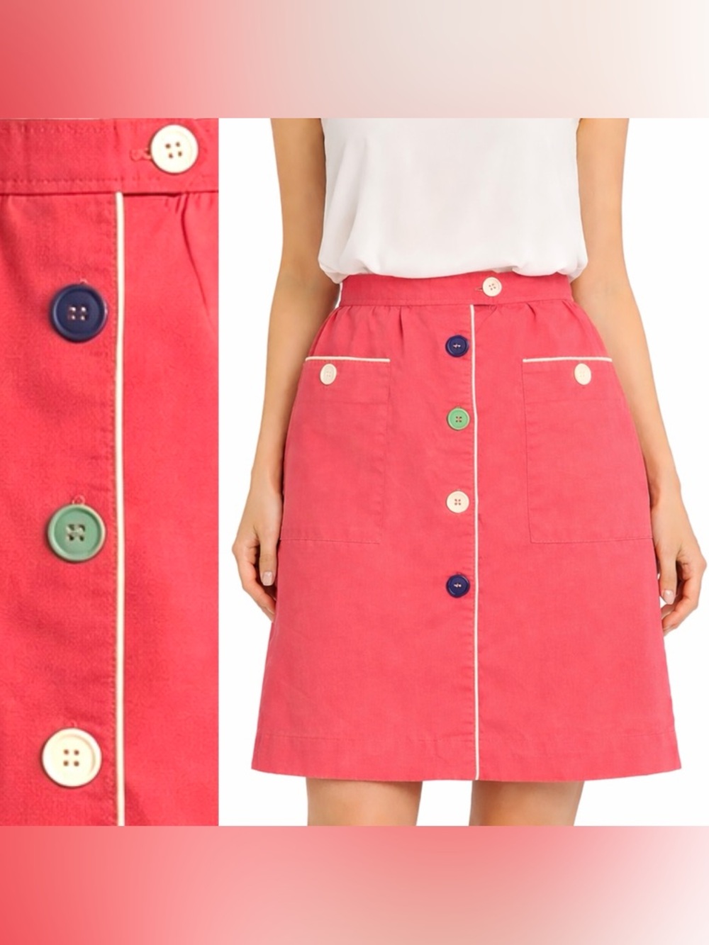 Vintage pink multicolor button midi mini skirt- with button and elastic waist- S
